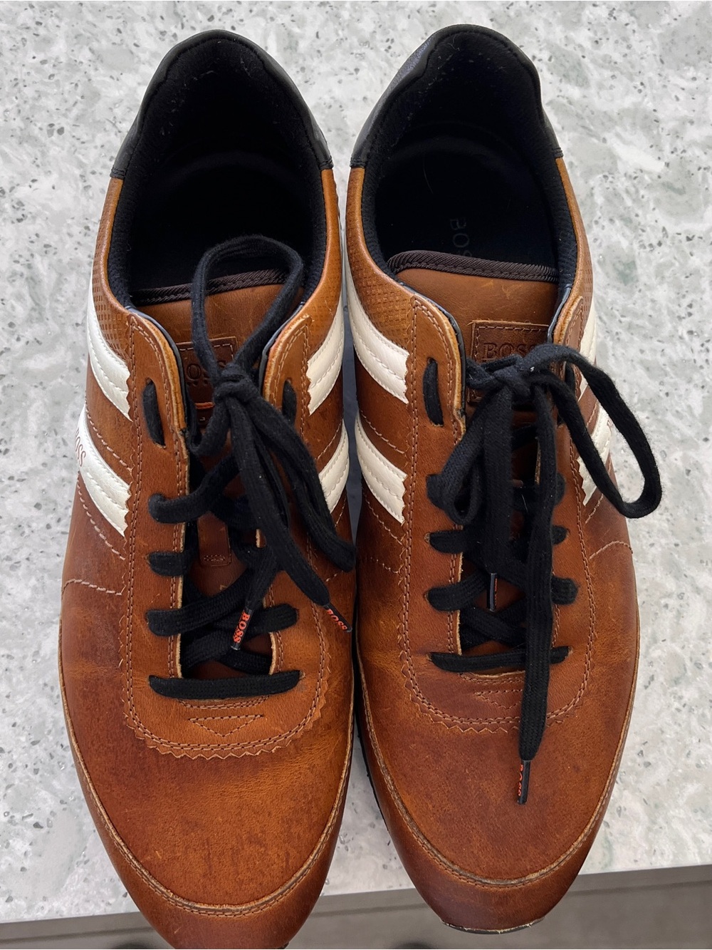 Boss Brown Sneakers with White Stripes and Black Laces